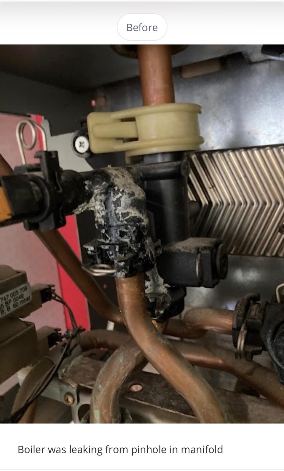 Before: boiler manifold leaking from a pinhole